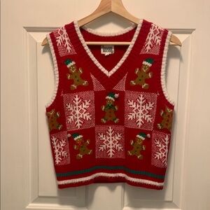 Red Holiday Sweater Vest with Gingerbread and Snowflake Design